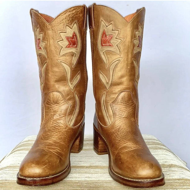 FRYE Vintage Sabrina Campus Metallic Brown Leather Floral Cowgirl Cowboy Western Boots - Botablu