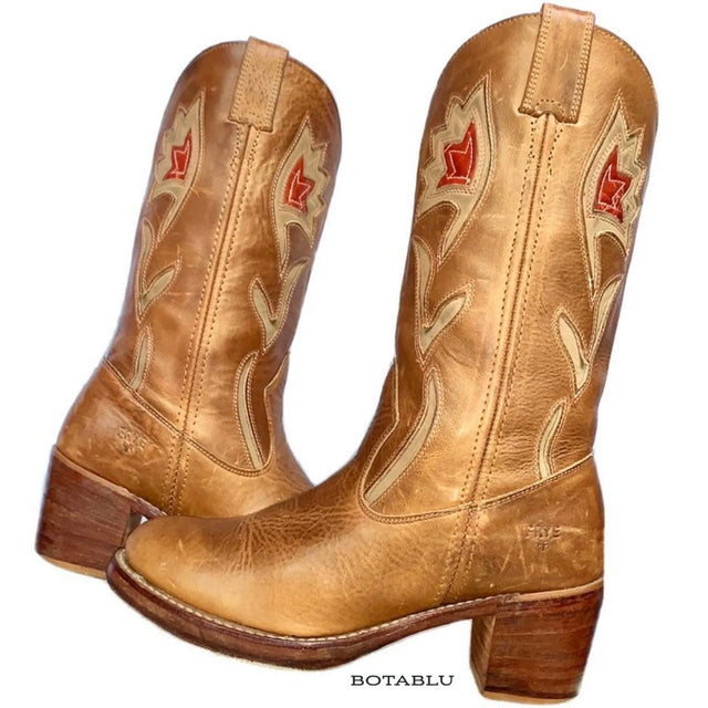 FRYE Vintage Sabrina Campus Metallic Brown Leather Floral Cowgirl Cowboy Western Boots - Botablu