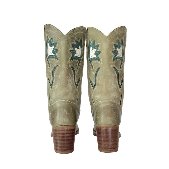 FRYE Vintage Sabrina Floral Campus Green Cowboy Boots - Botablu