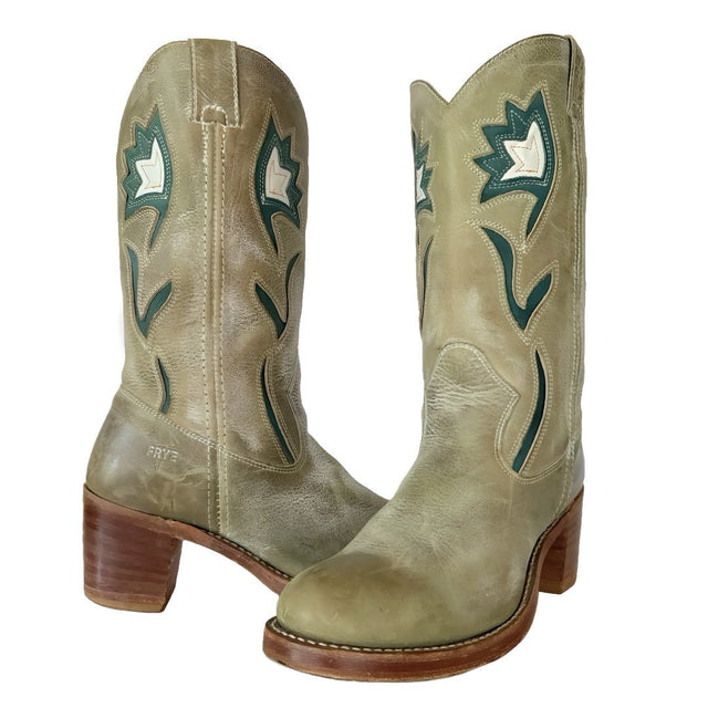 FRYE Vintage Sabrina Floral Campus Green Cowboy Boots - Botablu