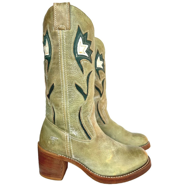 FRYE Vintage Sabrina Floral Campus Green Cowgirl Cowboy Boots - Botablu