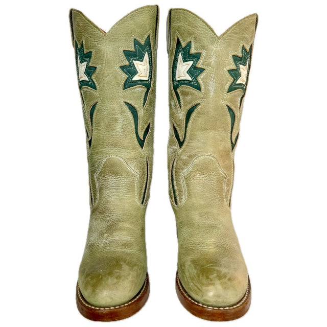 FRYE Vintage Sabrina Floral Campus Green Cowgirl Cowboy Boots - Botablu