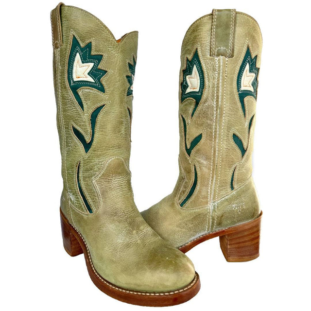 FRYE Vintage Sabrina Floral Campus Green Cowgirl Cowboy Boots - Botablu