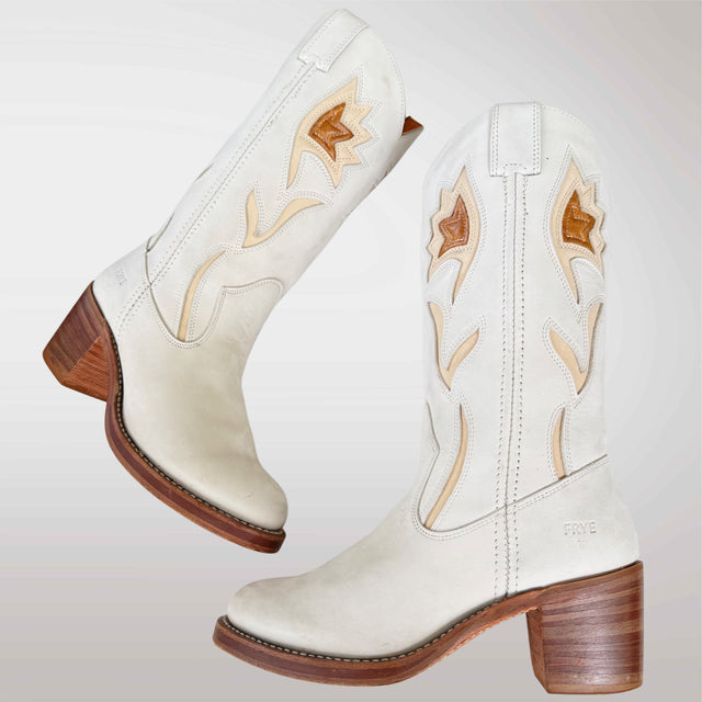 FRYE Vintage Sabrina Flower White Cowboy Boots - Botablu