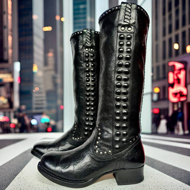 FRYE Vintage Studded Tall Knee High Black Leather Biker Moto Riding Boots - Botablu