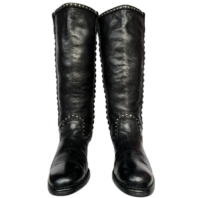 FRYE Vintage Studded Tall Knee High Black Leather Biker Moto Riding Boots - Botablu