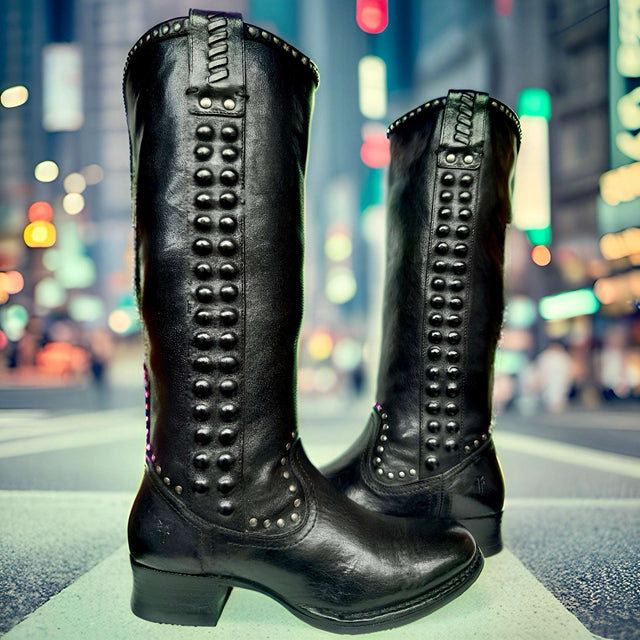 FRYE Vintage Studded Tall Knee High Black Leather Biker Moto Riding Boots - Botablu