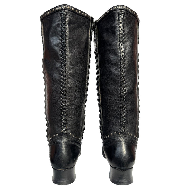 FRYE Vintage Studded Tall Knee High Black Leather Biker Moto Riding Boots - Botablu