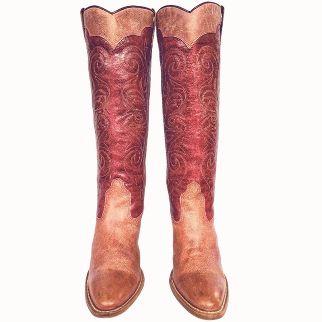 FRYE Vintage Swirl Floral Embroidered Tall Knee High Pink Red Cowgirl Western Boots - Botablu