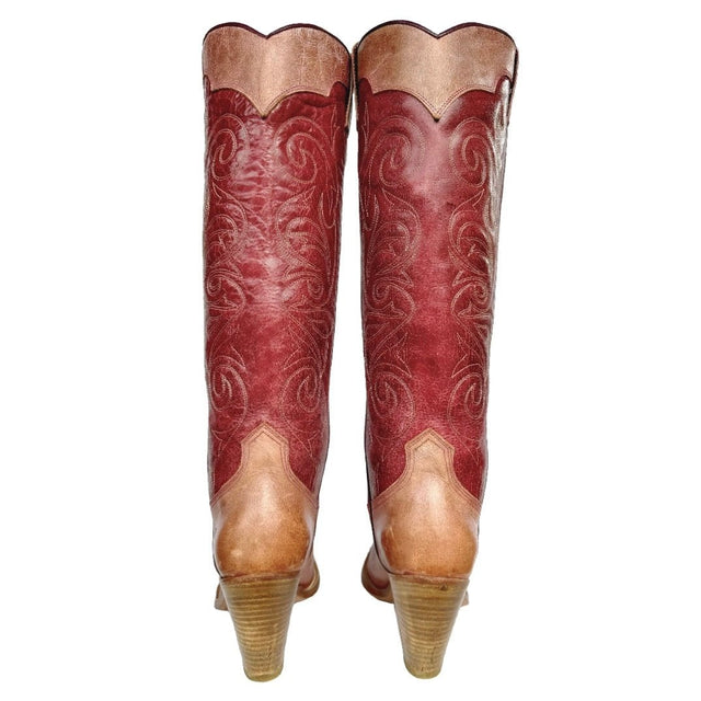 FRYE Vintage Swirl Floral Embroidered Tall Knee High Pink Red Cowgirl Western Boots - Botablu