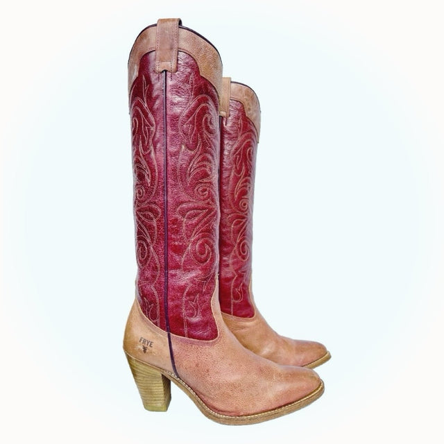FRYE Vintage Swirl Floral Embroidered Tall Knee High Pink Red Cowgirl Western Boots - Botablu
