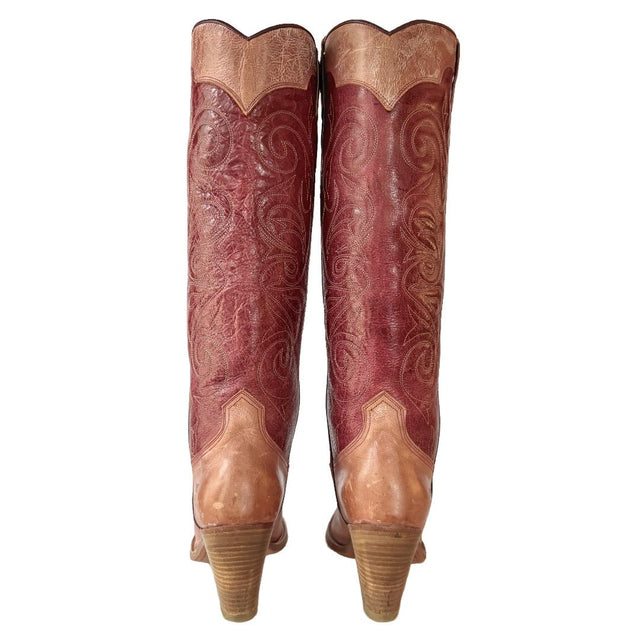 FRYE Vintage Swirl Stitching Tall Pink Red Cowgirl Western Boots - Botablu