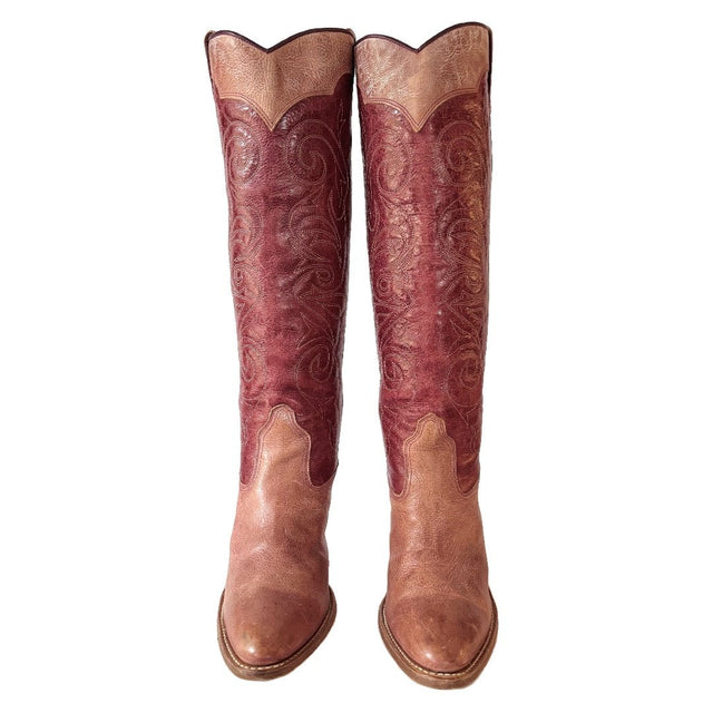 FRYE Vintage Swirl Stitching Tall Pink Red Cowgirl Western Boots - Botablu