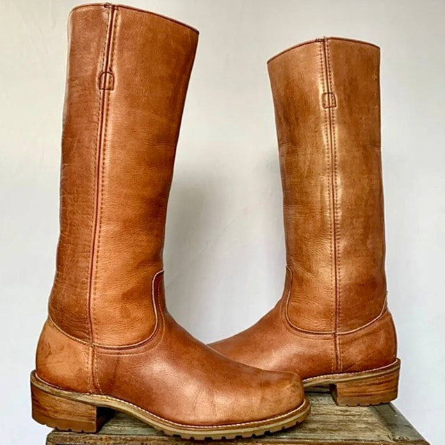 FRYE Vintage Tall Knee High Brown Leather Lug Sole Boots - Botablu