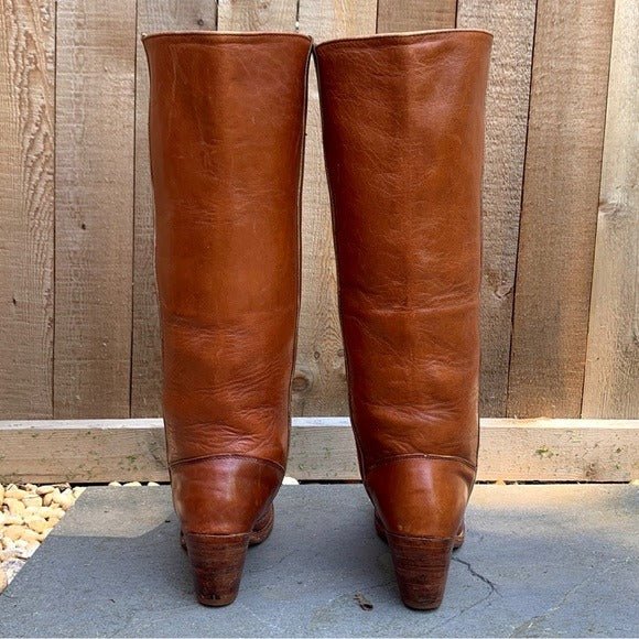 FRYE Vintage Tall Knee High Cognac Brown Leather Western Boots - Botablu