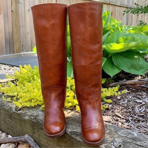 FRYE Vintage Tall Knee High Cognac Brown Leather Western Boots - Botablu