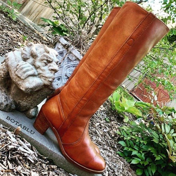 FRYE Vintage Tall Knee High Cognac Brown Leather Western Boots - Botablu