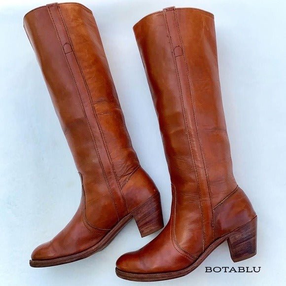 FRYE Vintage Tall Knee High Cognac Brown Leather Western Boots - Botablu
