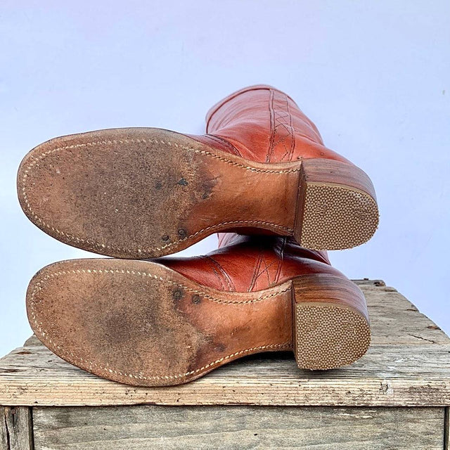 FRYE Vintage Tall Knee High Cuff Stitching Brown Western Riding Boots - Botablu