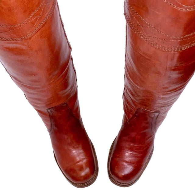 FRYE Vintage Tall Knee High Cuff Stitching Brown Western Riding Boots - Botablu