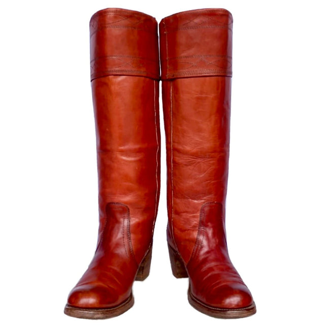 FRYE Vintage Tall Knee High Cuff Stitching Brown Western Riding Boots - Botablu