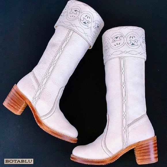FRYE Vintage White Leather Sabrina Campus Tooled Cuff Tall Knee High Western Boots - Botablu