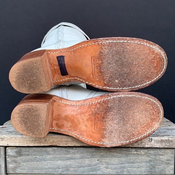 FRYE Vintage White Leather Sabrina Campus Tooled Cuff Tall Knee High Western Boots - Botablu