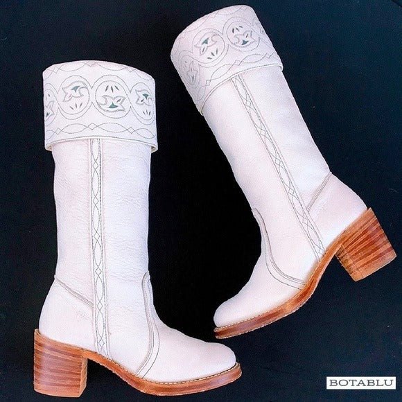 FRYE Vintage White Leather Sabrina Campus Tooled Cuff Tall Knee High Western Boots - Botablu
