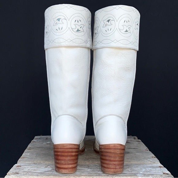 FRYE Vintage White Leather Sabrina Campus Tooled Cuff Tall Knee High Western Boots - Botablu
