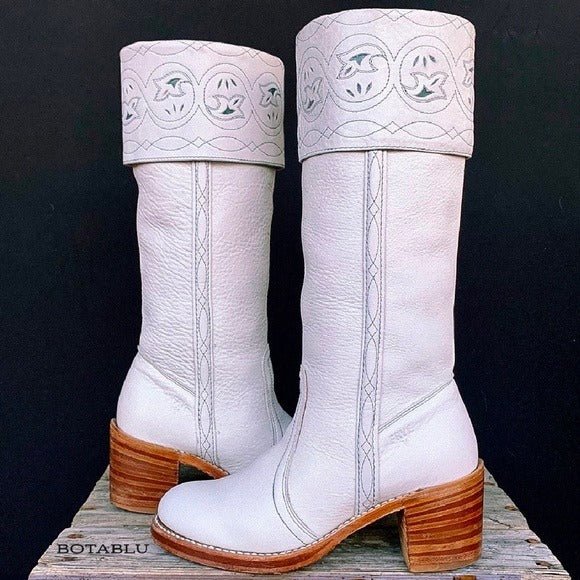 FRYE Vintage White Leather Sabrina Campus Tooled Cuff Tall Knee High Western Boots - Botablu