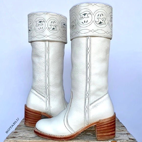 FRYE Vintage White Leather Sabrina Campus Tooled Cuff Tall Knee High Western Boots - Botablu