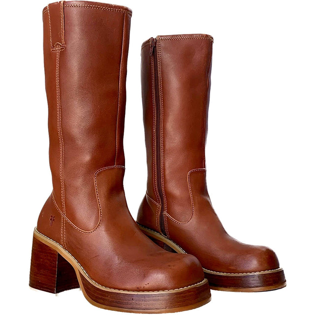 FRYE Vintage Y2K Platform Chunky Heel Zippered Tall Mid-Calf Brown Leather Boots - Botablu