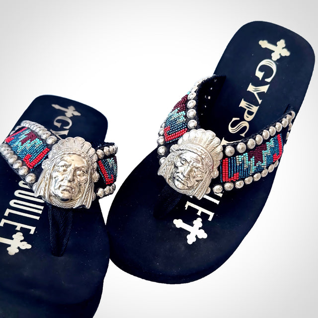 GYPSY SOULE American Indian Chief Aztec Platform Wedge Western Flip Flop Sandals - Botablu