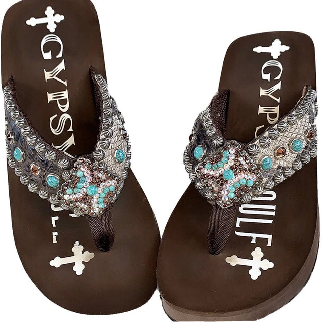 GYPSY SOULE Swarovski Crystal Western Platform Wedge Flip Flop Sandals - Botablu