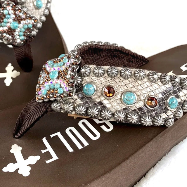 GYPSY SOULE Swarovski Crystal Western Platform Wedge Flip Flop Sandals - Botablu