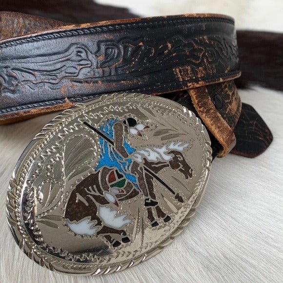 Handcrafted Silver Western Buckle Vintage Levi’s Tooled Leather Belt Set - Botablu