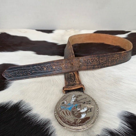 Handcrafted Silver Western Buckle Vintage Levi’s Tooled Leather Belt Set - Botablu