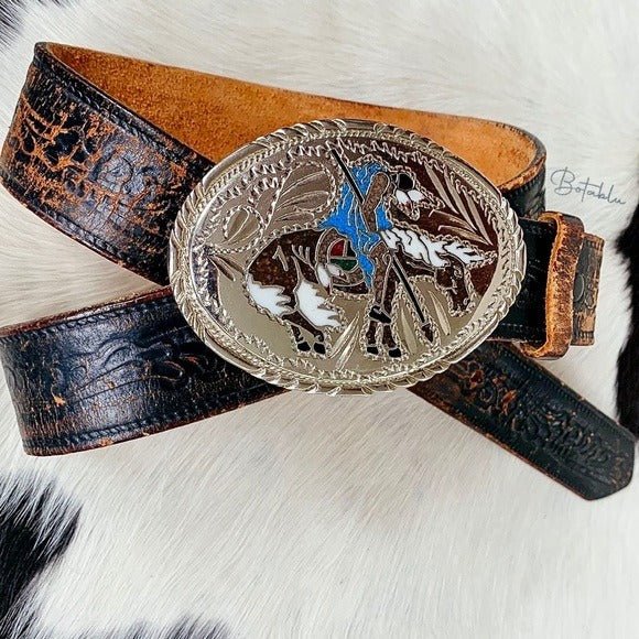 Handcrafted Silver Western Buckle Vintage Levi’s Tooled Leather Belt Set - Botablu