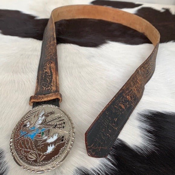 Handcrafted Silver Western Buckle Vintage Levi’s Tooled Leather Belt Set - Botablu