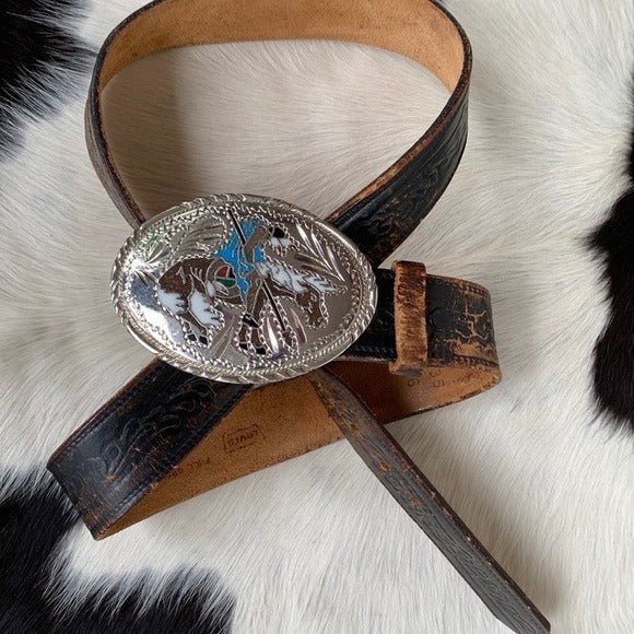 Handcrafted Silver Western Buckle Vintage Levi’s Tooled Leather Belt Set - Botablu