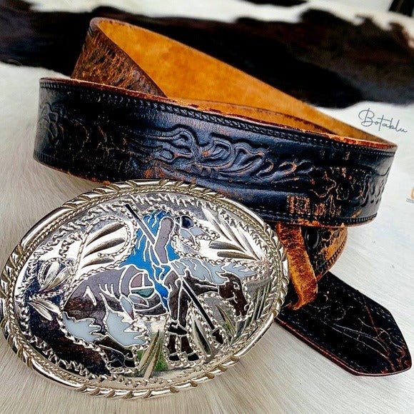 Handcrafted Silver Western Buckle Vintage Levi’s Tooled Leather Belt Set - Botablu