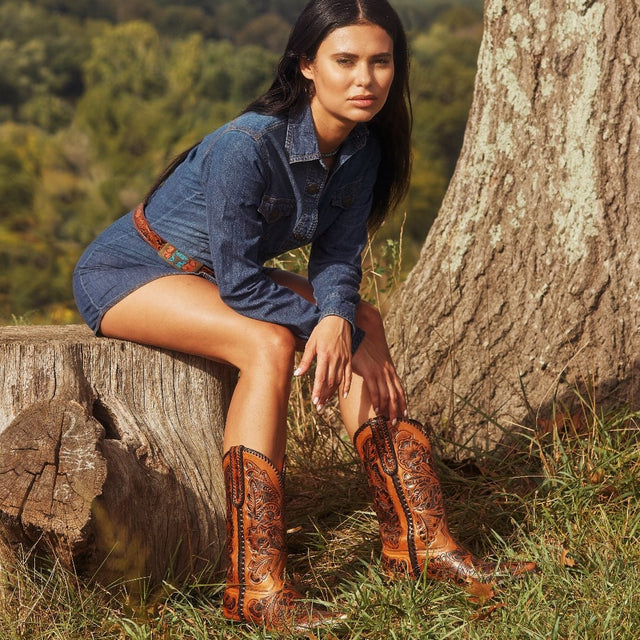 Handmade Hand Tooled Brown Leather Cowboy Western Boots - Botablu