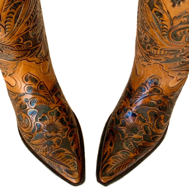 Handmade Hand Tooled Brown Leather Cowboy Western Boots - Botablu