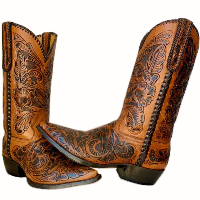 Handmade Hand Tooled Brown Leather Cowboy Western Boots - Botablu