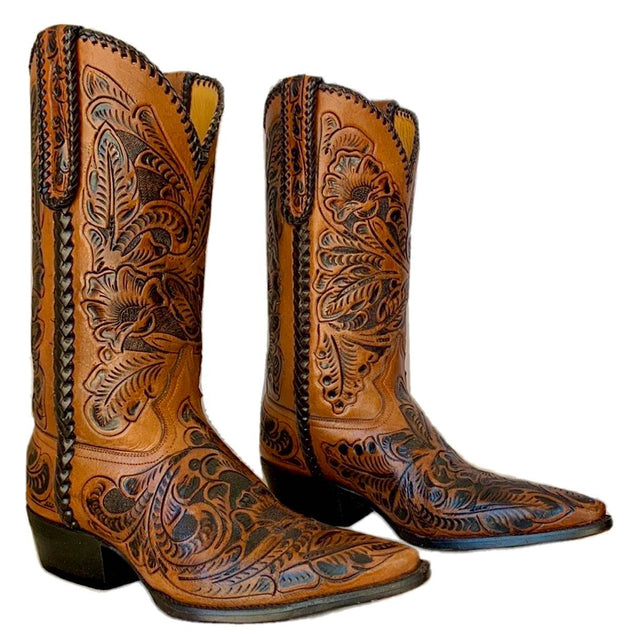Handmade Hand Tooled Brown Leather Cowboy Western Boots - Botablu