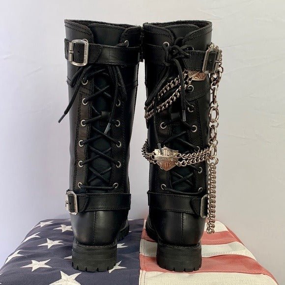 HARLEY-DAVIDSON Alexa Black Leather Lace Up Zip Tall Knee High Biker Moto Boots - Botablu