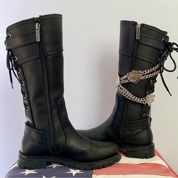 HARLEY-DAVIDSON Alexa Black Leather Lace Up Zip Tall Knee High Biker Moto Boots - Botablu