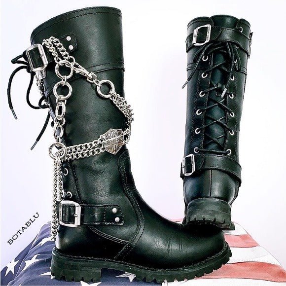 HARLEY-DAVIDSON Alexa Black Leather Lace Up Zip Tall Knee High Biker Moto Boots - Botablu