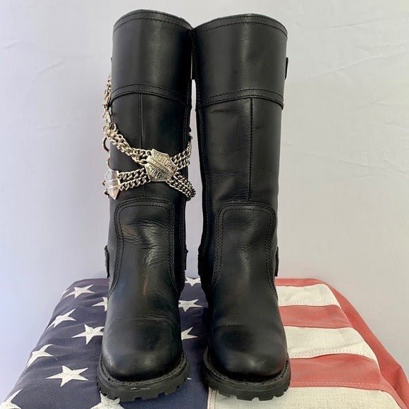 HARLEY-DAVIDSON Alexa Black Leather Lace Up Zip Tall Knee High Biker Moto Boots - Botablu