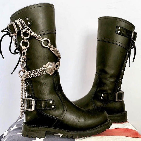 HARLEY-DAVIDSON Alexa Black Leather Lace Up Zip Tall Knee High Biker Moto Boots - Botablu